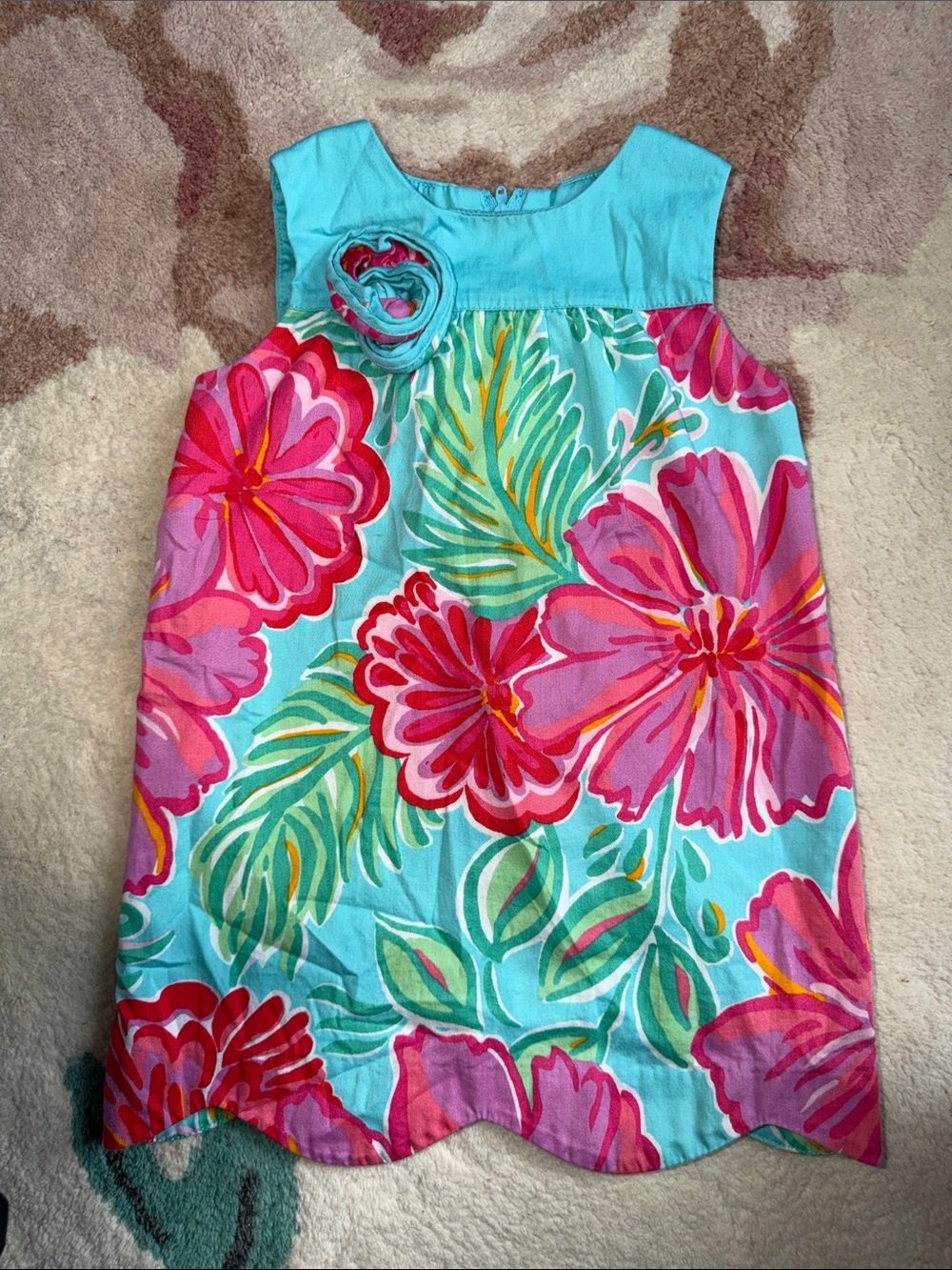 Lilly Pulitzer Aqua Dress with Pink Floral Print and Rosette